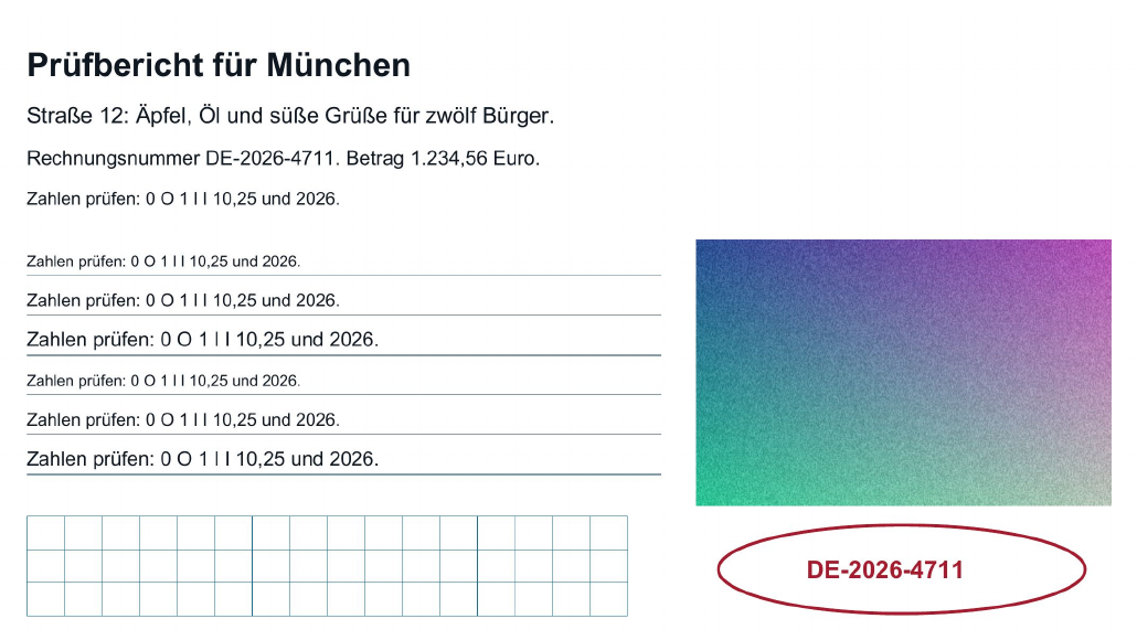 Derselbe Ausschnitt nach ausgewogener Verkleinerung, mit Testtext, feinen Linien, Gitter, geometrischem Zeichen und Rasterbild.