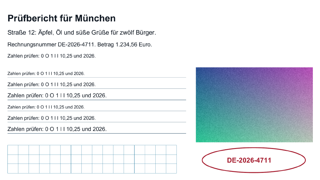 Derselbe Ausschnitt nach verlustfreier Verkleinerung, mit Testtext, feinen Linien, Gitter, geometrischem Zeichen und Rasterbild.