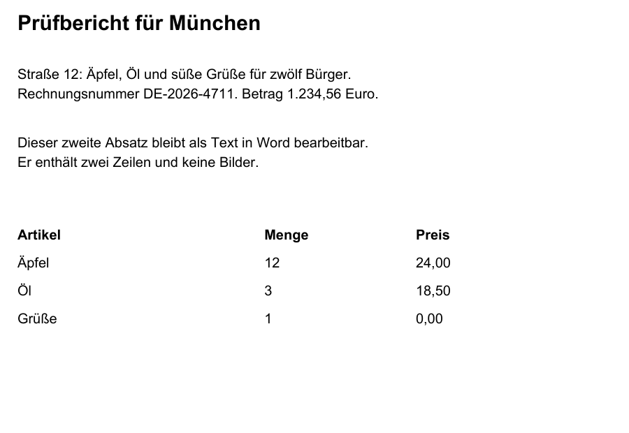 Ausschnitt der ersten Seite der Beispiel-PDF mit deutschem Text und einer Tabelle. Im Inhalt stehen unter anderem „München“ und „1.234,56“.